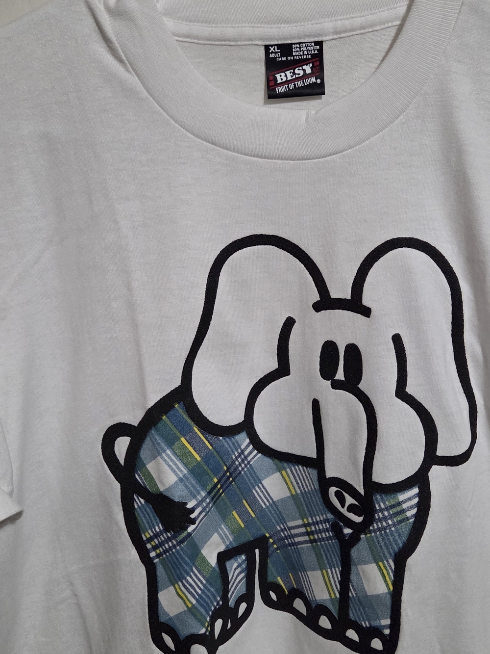 White Short Sleeve T-Shirt with Plaid Elephant Graphic